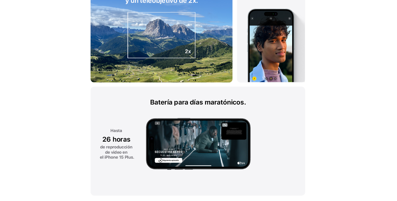 iPhone 15 Plus con cámara gran angular y batería para hasta 26 horas de reproducción de video