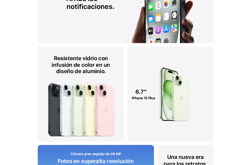 iPhone 15 Plus con vidrio resistente y pantalla de 6,7 pulgadas