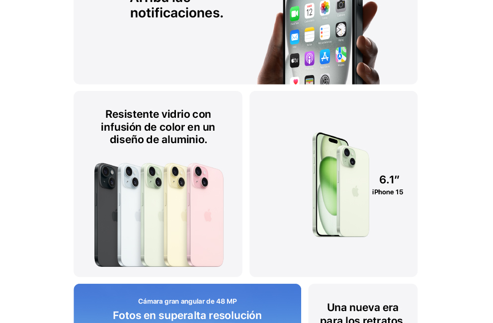 iPhone 15 con vidrio resistente y pantalla de 6,1 pulgadas