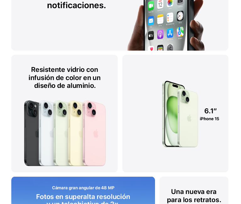 iPhone 15 con vidrio resistente y pantalla de 6,1 pulgadas