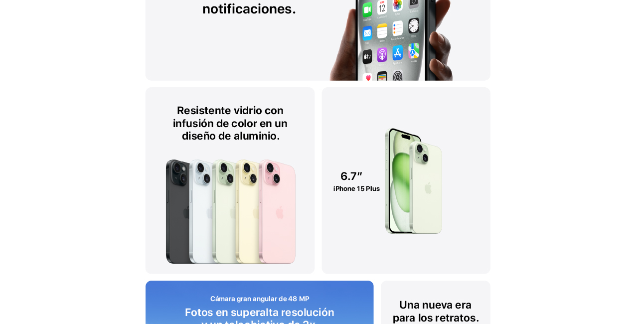 iPhone 15 Plus con vidrio resistente y pantalla de 6,7 pulgadas