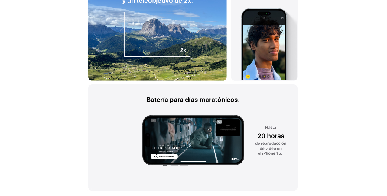 iPhone 15 con cámara gran angular y batería para hasta 20 horas de reproducción de video