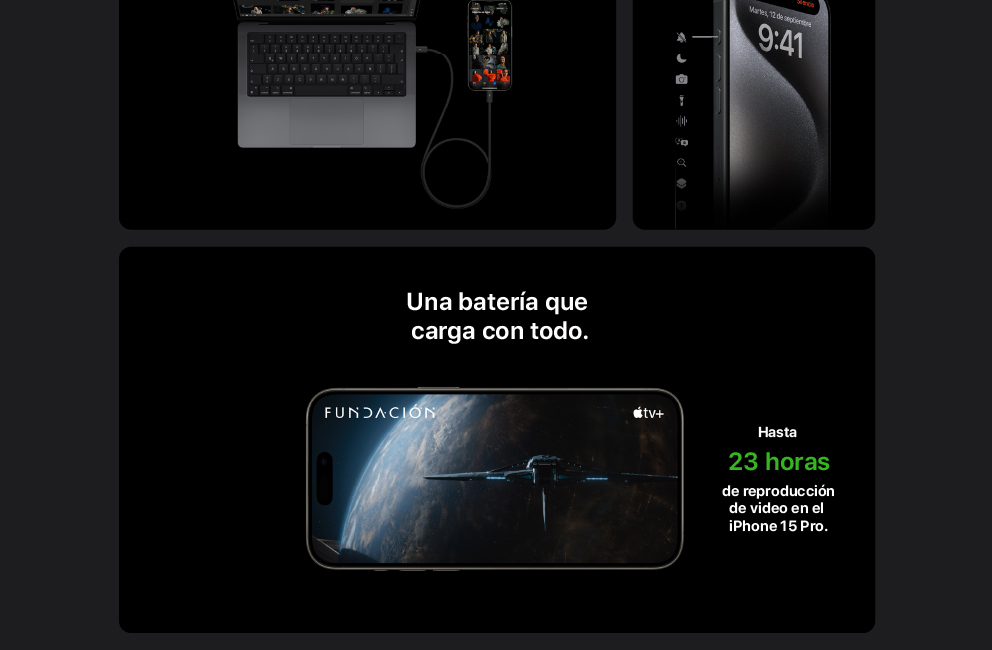 iPhone 15 Pro Titanio con una batería que reproduce video hasta por 23 horas