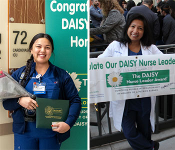 LEFT: uci health nurse rachelle capiral wearing blue nursing scrubs and white coat holding a DAISY nurse leader honoree banner standing outside in front of an iron fence ; RIGHT: uci health nurse alexis henry wearing blue nursing scrubs holding a DAISY award standing in front of uci medical center icu sign and a DAISY honorees sign