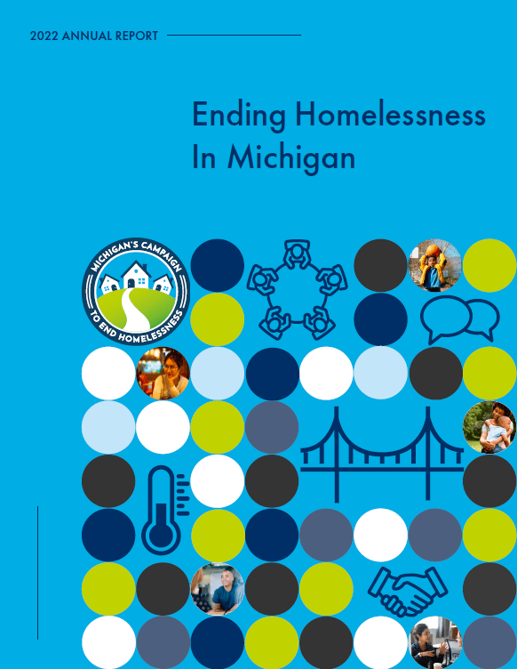 Medium blue background with a combination of images of people and icons including a bridge and the Michigan Campaign to End Homelessness logo.