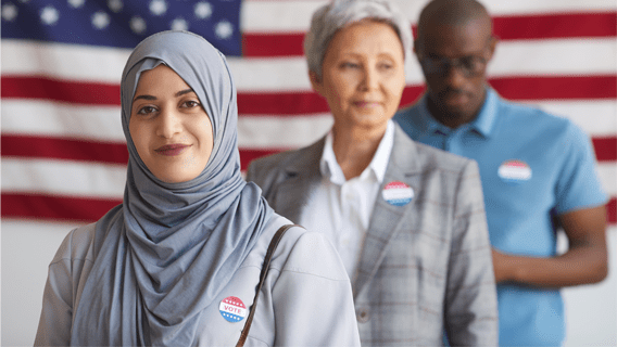 Diverse voters in front of an American flag