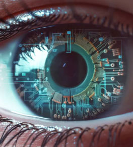 Close-up image of a human eye with and overlay of printed circuits on the iris. 