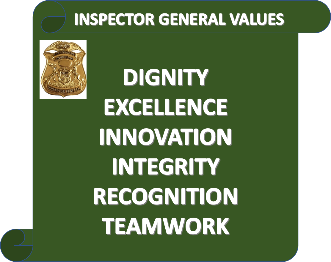 OIG Values - Dignity, Excellence, Innovation, Integrity, Recognition, Teamwork