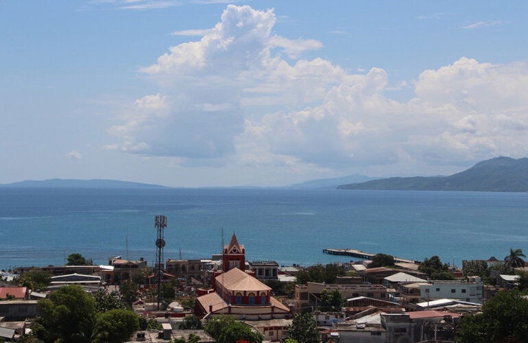 La Gonâve Island on the horizon (left), view from the city of Jeremie, Grand’Anse department.