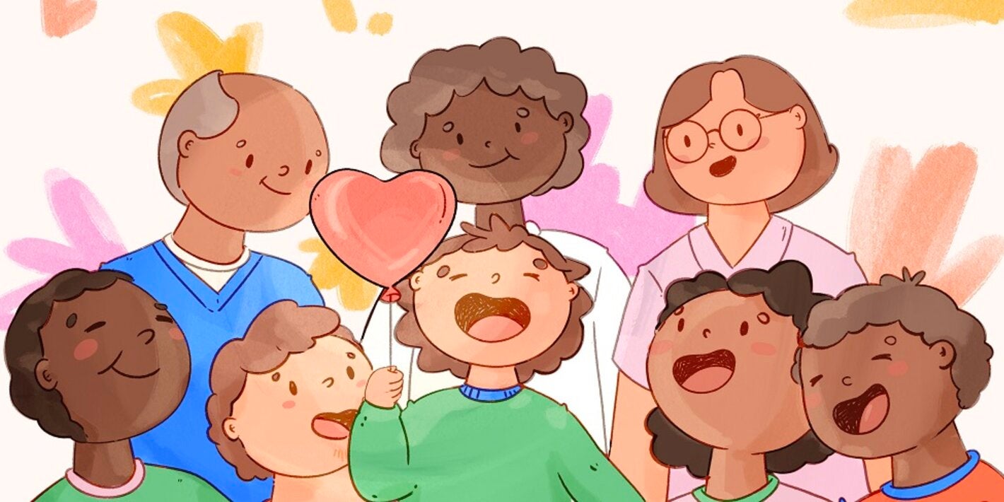 ilustración de niño con globo en la mano con forma de corazón y personas alrededor de él. Todos sonriendo