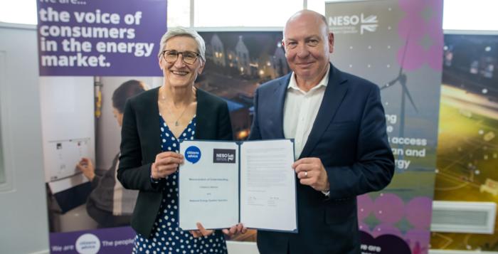 Dame Clare Moriarty, Chief Executive Officer of Citizens Advice and Fintan Slye Chief Executive of National Energy System Operator NESO holding signed memorandum of understanding