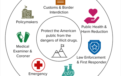 A large circle with a smaller circle in the middle. The small circle says "protect the American public from the dangers of illicit drugs" and has an icon of a mountain with a flag on top. The outer larger circle has icons and titles as follows: customs & border interdiction (passport icon), public health & harm reduction (hand with heart icon), law enforcement & first responder (shield icon), forensic science (beaker icon), emergency medicine (red cross icon), medical examiner & coroner (footprint icon),etc