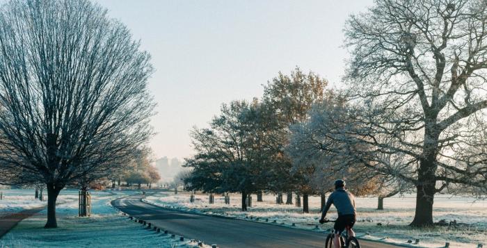 person cycling through park on a winter morning