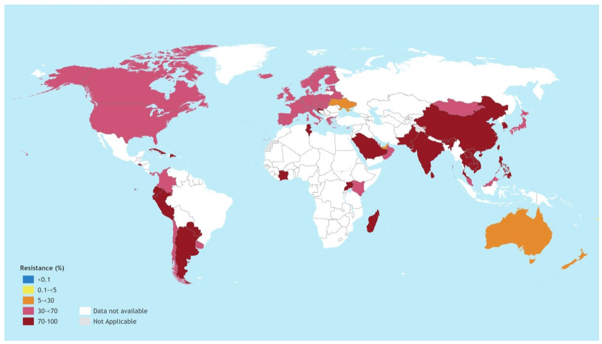 Countries with reported resistance to ciprofloxacin in N. gonorrhoeae,  WHO GASP 2017-2018