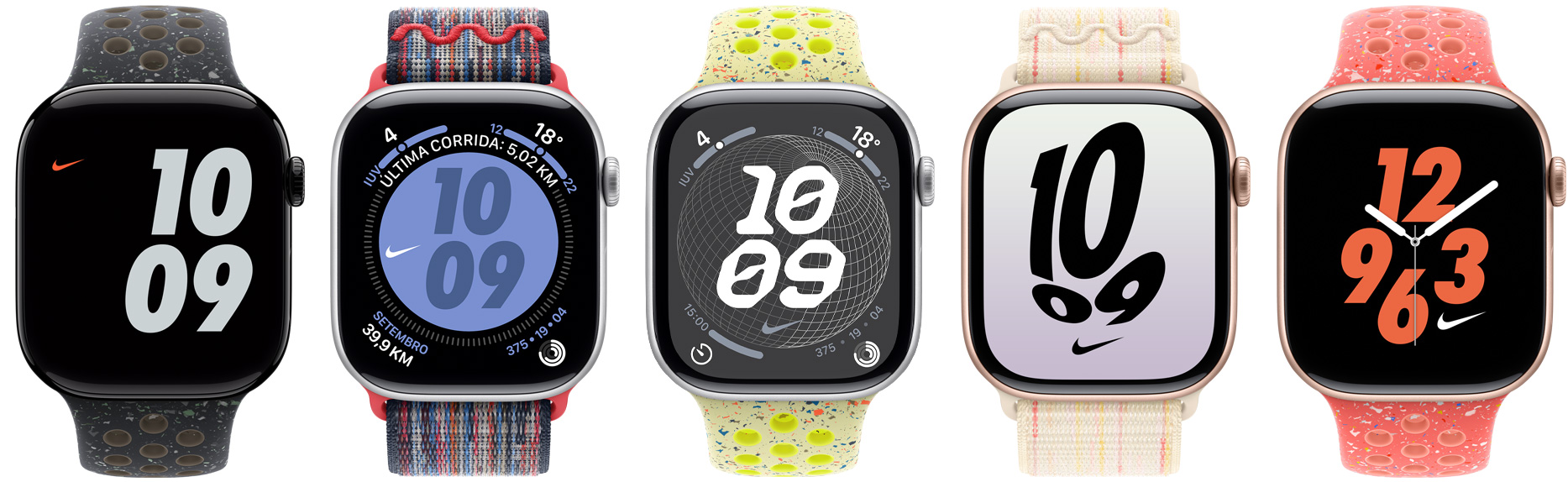 Cinco relógios Apple Watch com pulseiras esportivas Nike, pulseiras loop esportivas Nike e mostradores Nike de várias cores.