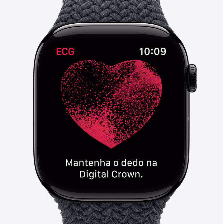 Tela do app ECG no Apple Watch Series 10 mostrando uma onda de eletrocardiograma e uma contagem regressiva de 24 segundos.