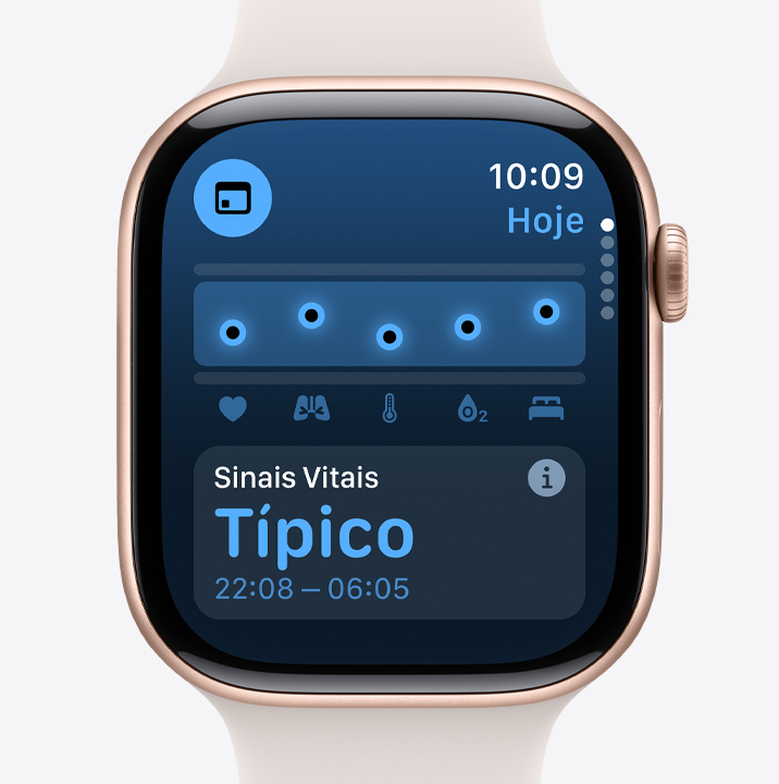 Tela do app Sinais Vitais no Apple Watch Series 10 mostrando valores típicos para os dados coletados durante a noite.