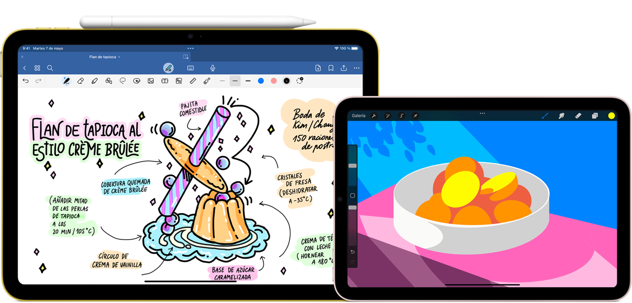 A la izquierda, vista horizontal del iPad de 10.ª generación con una ilustración con notas y un dibujo en la pantalla y un Apple Pencil (USB-C) acoplado en la parte superior. A la derecha, vista horizontal del iPad mini que muestra una colorida ilustración creada con ProCreate.