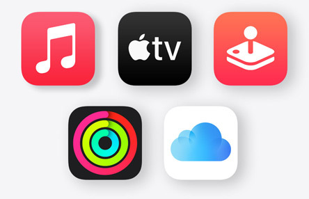 Icônes Apple Music, Apple TV, Apple Arcade, Apple Fitness+ et iCloud