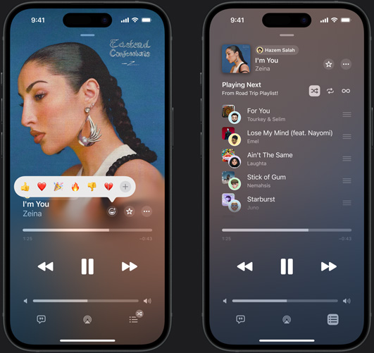 iPhone on left showing Don't Do Me Good by Madi Diaz and Kacey Musgraves playing on screen with reaction emoji prompt showing options to thumbs up, heart, celebrate, thumbs down, or add another reaction, iPhone on right showing Collaborative playlist called Road Trip Playlist with multiple songs added by other contributors
