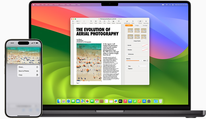 The same image copied on iPhone 15 is pasted onto a Pages document on a MacBook Pro.