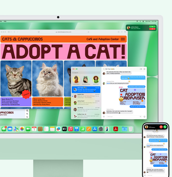 綠色 iMac 與 iPhone 並排展示。iMac 螢幕上顯示 iPhone 的來電通知。兩部裝置均顯示訊息 app，上面展示完全相同的文字對話