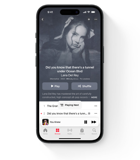 iPhone showing Apple Music UI featuring Lana Del Rey