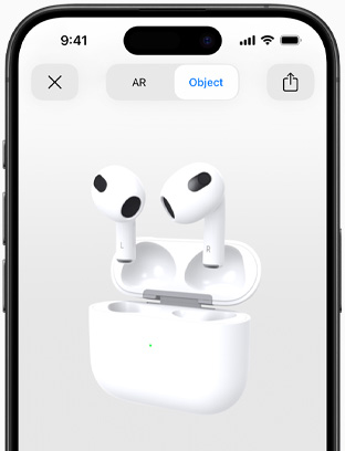 Ekraanil näidatakse kõrvaklappe AirPods (3. põlvkond), mida kuvatakse iPhone'i liitreaalsuse vaates.