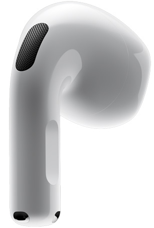 AirPods 4 mit der Rückansicht eines der AirPods 4, zeigen auf das untere Ende mit Drucksensor.