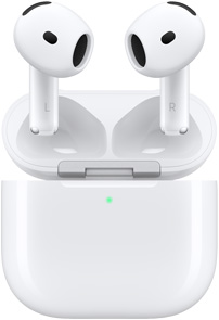 Ladeetui til AirPods 4 åpent og viser AirPods som svever over det.