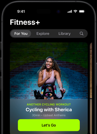 Écran d’iPhone affichant une suggestion de séance personnalisée dans la section Pour vous de Fitness+