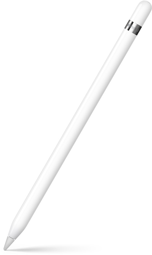 Apple Pencil รุ่นที่ 1 ในลักษณะตั้งเอียงโดยชี้ปลายลงด้านล่าง ปลายด้านบนมีวงแหวนสีเงินพร้อมชื่อผลิตภัณฑ์ มีเอฟเฟ็กต์เงาแสดงที่ด้านล่าง