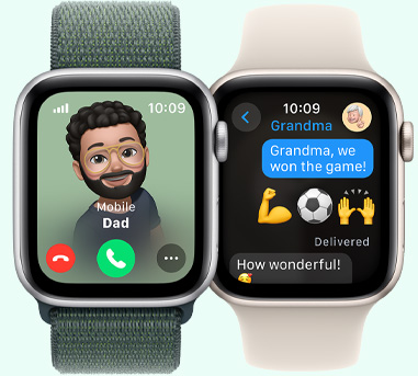 Zwei Apple Watches. Eine mit einem Bild von Papa, der anruft. Die andere mit einer Nachricht an Oma. Sie lautet: «Oma, wir haben das Spiel gewonnen.»