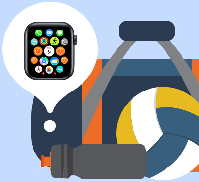 Illustration eines Rucksacks. Eine Apple Watch in einer Blase darüber gibt den Standort in der Tasche an.