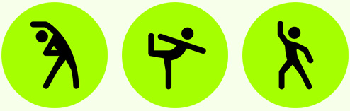 Drei Symbole für Trainingsapp Aktivitäten wie Cooldwon, Yoga und Tanzen