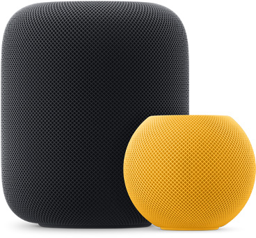 Der HomePod mini in Gelb rechts vor einem HomePod in Mitternacht.