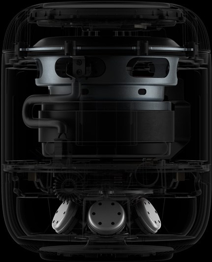 Blick von der Seite ins Innere auf die wichtigsten Komponenten im HomePod