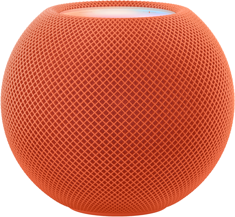 HomePod mini สีส้มที่มีพิกเซลสีสันสวยงามเคลื่อนไหวอยู่ด้านบนและสะกดเป็นคำว่า 'mini'