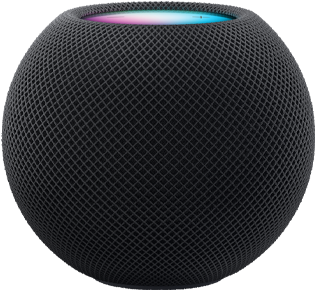 Un HomePod mini Mezzanotte con sopra dei puntini colorati che si muovono e formano la parola “mini”.