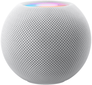 HomePod mini สีขาวที่มีพิกเซลสีสันสวยงามเคลื่อนไหวอยู่ด้านบนและสะกดเป็นคำว่า 'mini'