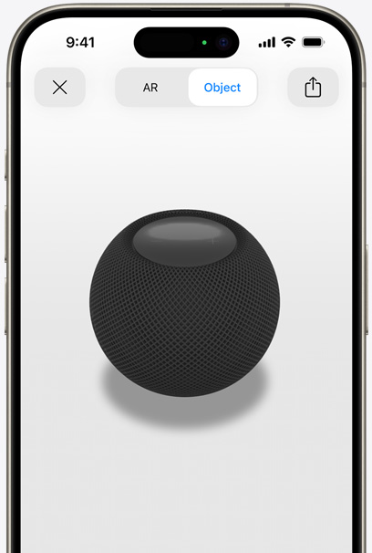 HomePod สีมิดไนท์บนหน้าจอของ iPhone ในมุมมองแบบ AR