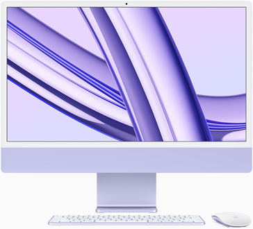 Fioletowy iMac ustawiony frontem