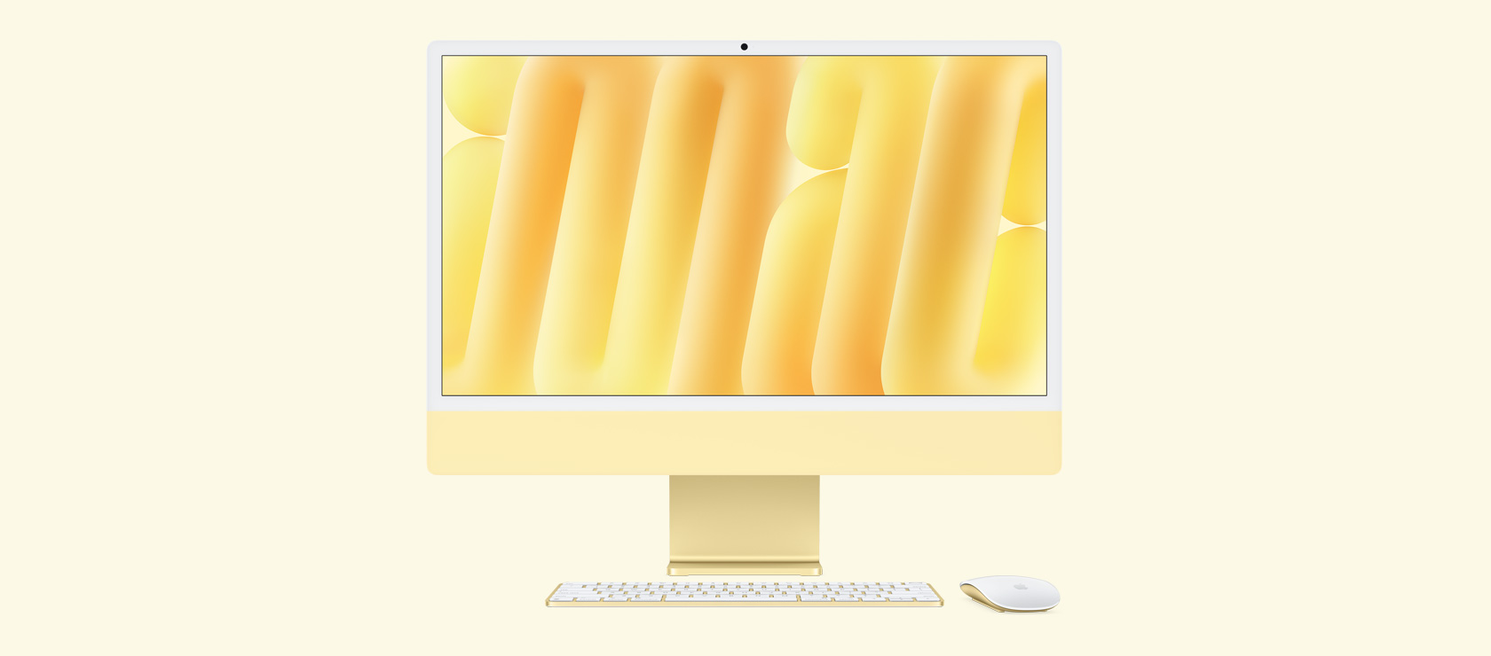 黃色 iMac 正面圖，展示同色系的滑鼠與鍵盤