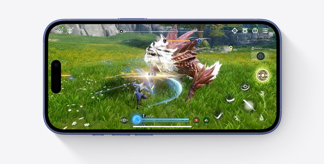 iPhone 16 Pro ที่วางในแนวนอนแสดงฉากจากวิดีโอเกม Infinity Nikki