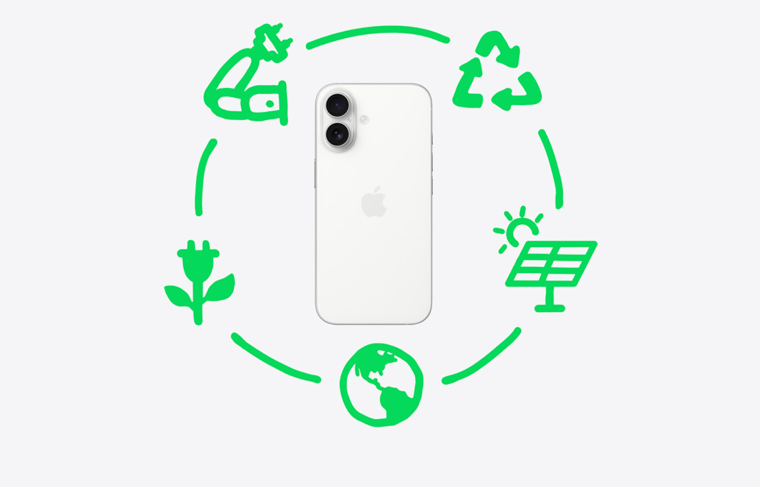 Gráfico mostrando as etapas que a Apple segue para reciclar e reutilizar materiais, incluindo o design e a obtenção de materiais, a fabricação, a embalagem e o transporte, o uso e a recuperação.