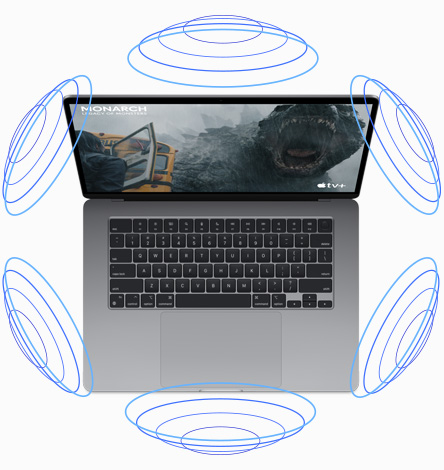 Top view of MacBook Air with illustration demonstrating Spatial Audio working during a movie