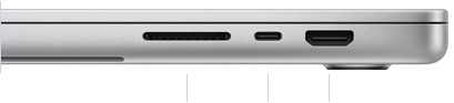 Lukket 16-tommers MacBook Pro vist fra høyre side, med SDXC-kortplass, én Thunderbolt 5-port og og HDMI-port