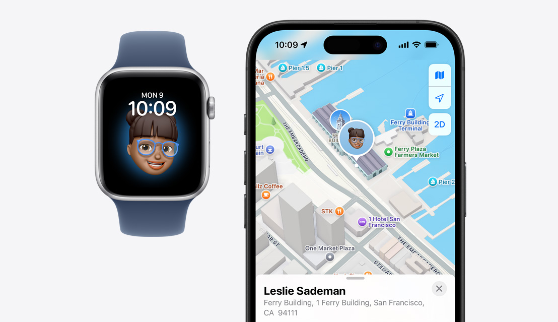 En Apple Watch SE med et barneansikt på skjermen vises ved siden av en iPhone 16 som viser barnets posisjon i Hvor er-appen.