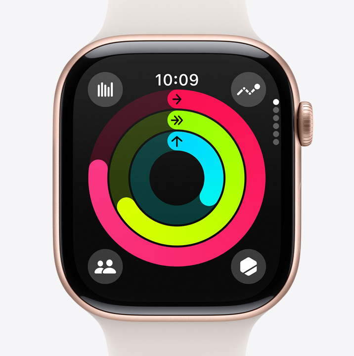 Apple Watch Series 10 exibindo o app Atividade, que mostra o progresso dos círculos Movimento, Exercício e Ficar em Pé.