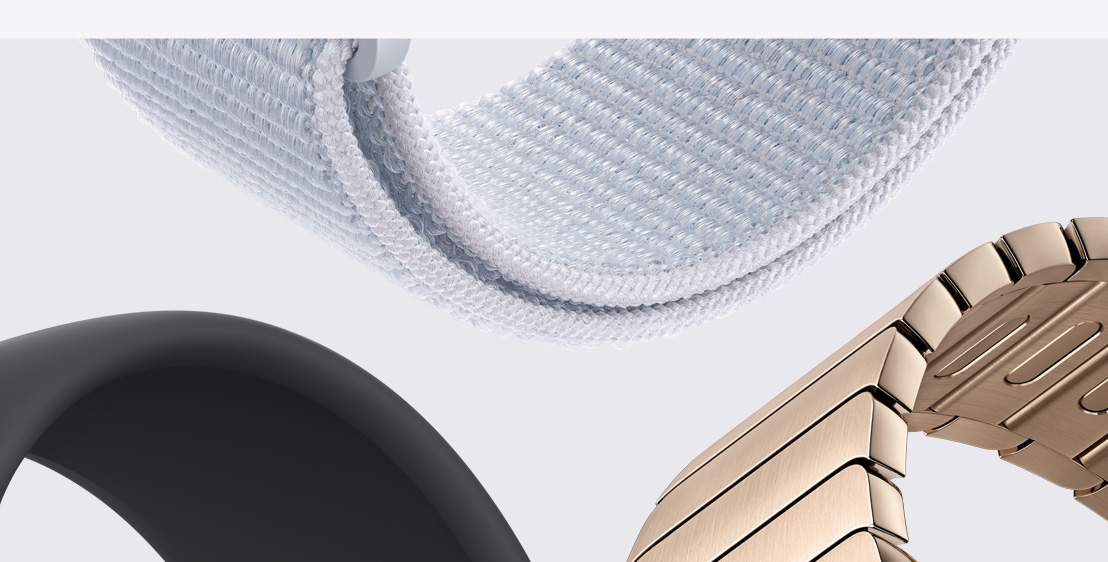 Três pulseiras diferentes para Apple Watch. Uma pulseira loop solo trançada solar, uma pulseira esportiva azul-clara e uma pulseira cinza-castanha de elos magnéticos.